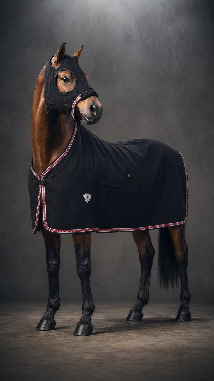 AI product shot of Kersey Wool RUG& HOOD Set Black with Red Ribbon Trim