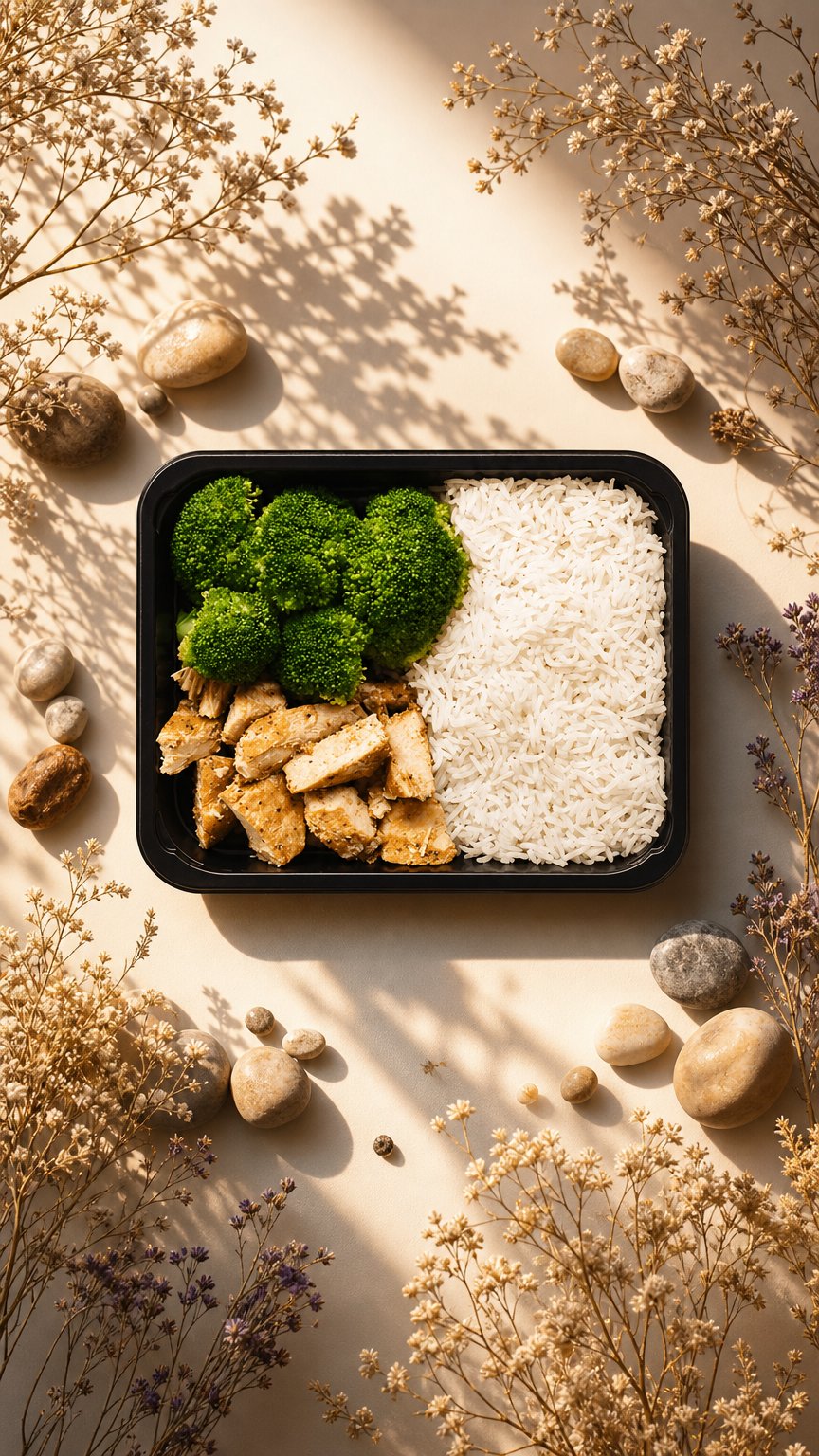 AI product shot of Chicken White Rice Vegetables