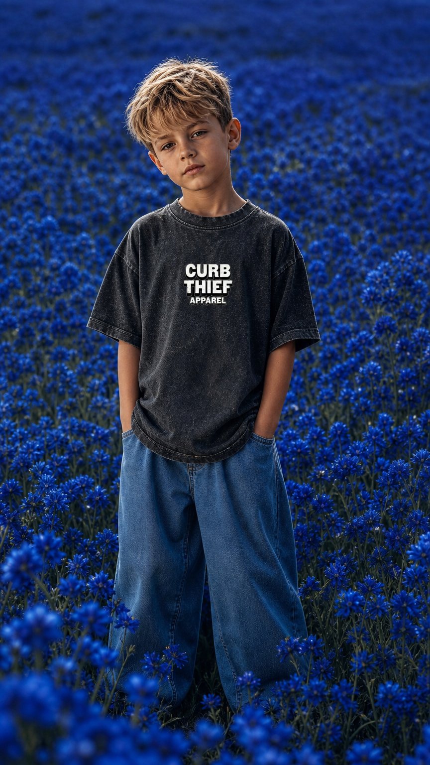 AI product shot of "REBEL" Snow Washed 100% Cotton Kids T-Shirt