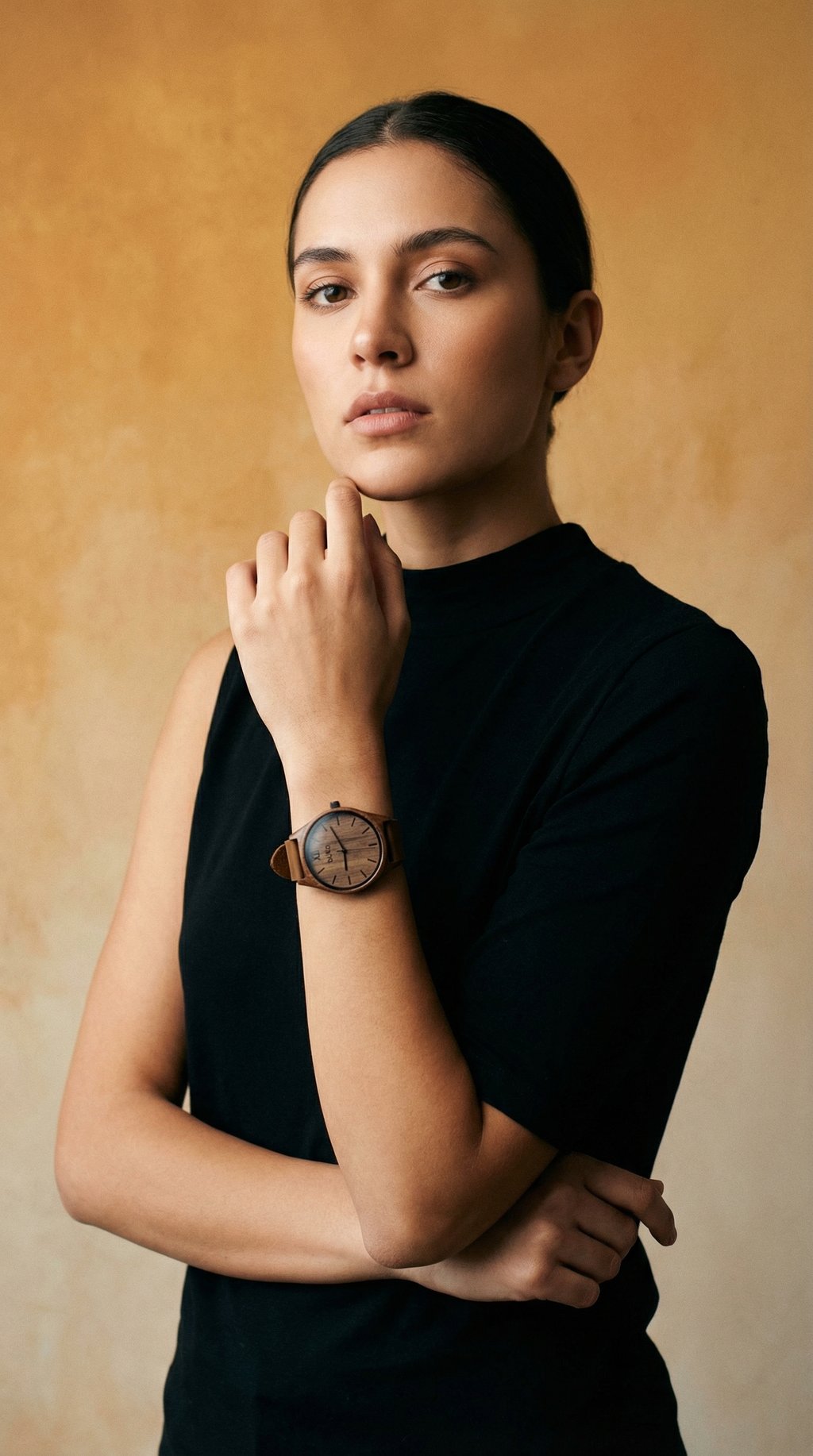 AI product shot of Walnut Wood Watch – Brown Leather