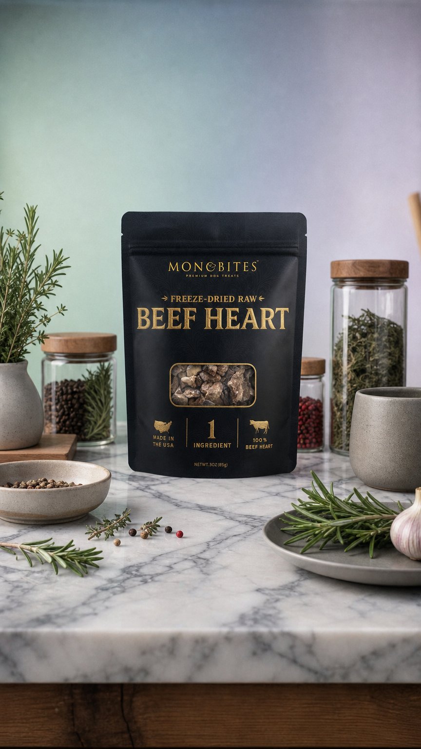 AI product shot of MonoBites Premium Freeze-Dried Beef Heart