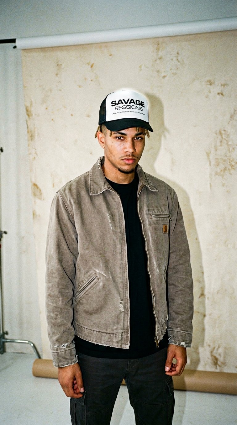 AI product shot of "Savage Sessions" Trucker Cap