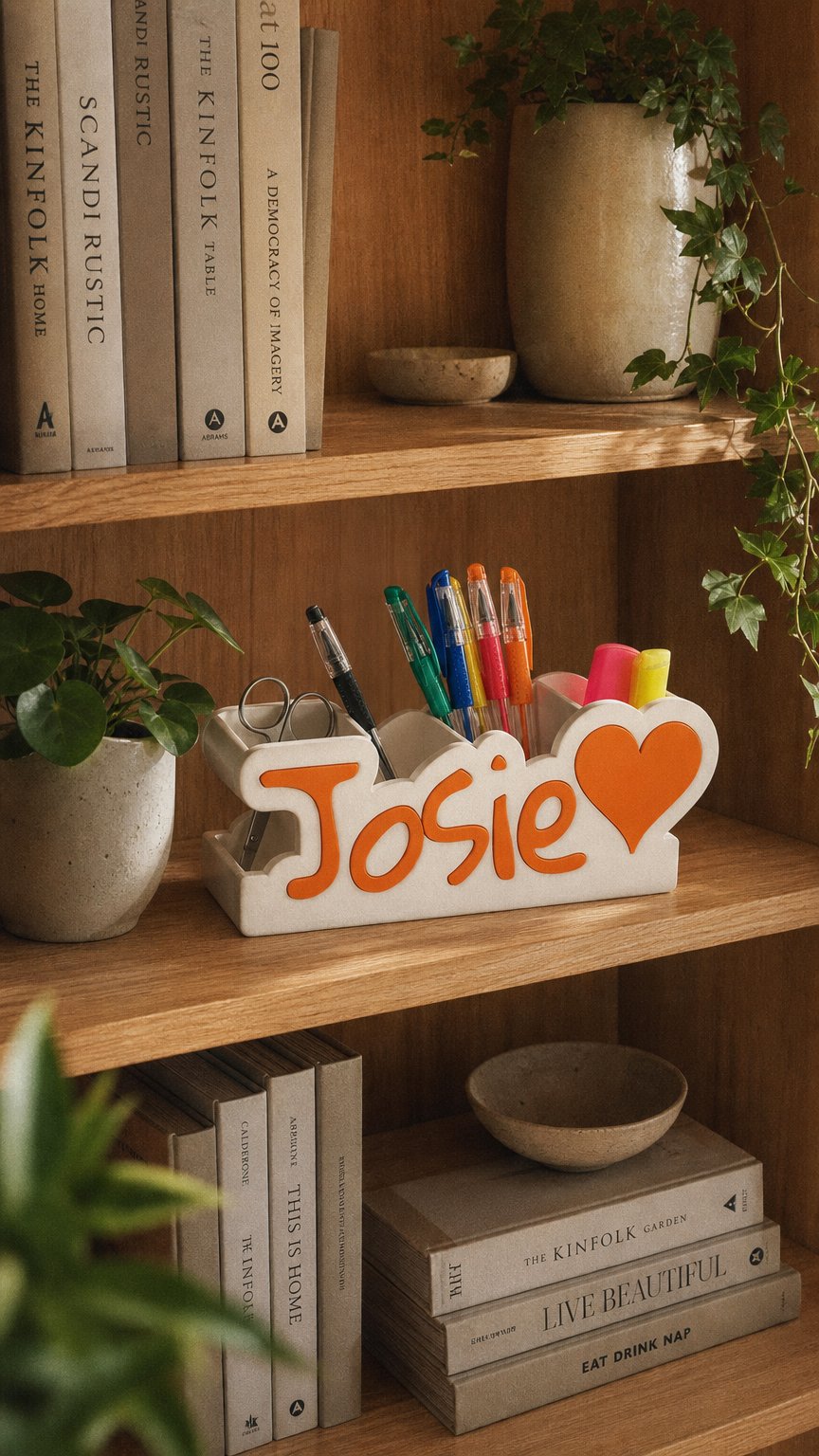 AI product shot of Personalised Name Desk Organiser – Custom Pen Pot Stationery Holder - Name & Heart Design - Kids Desk Tidy
