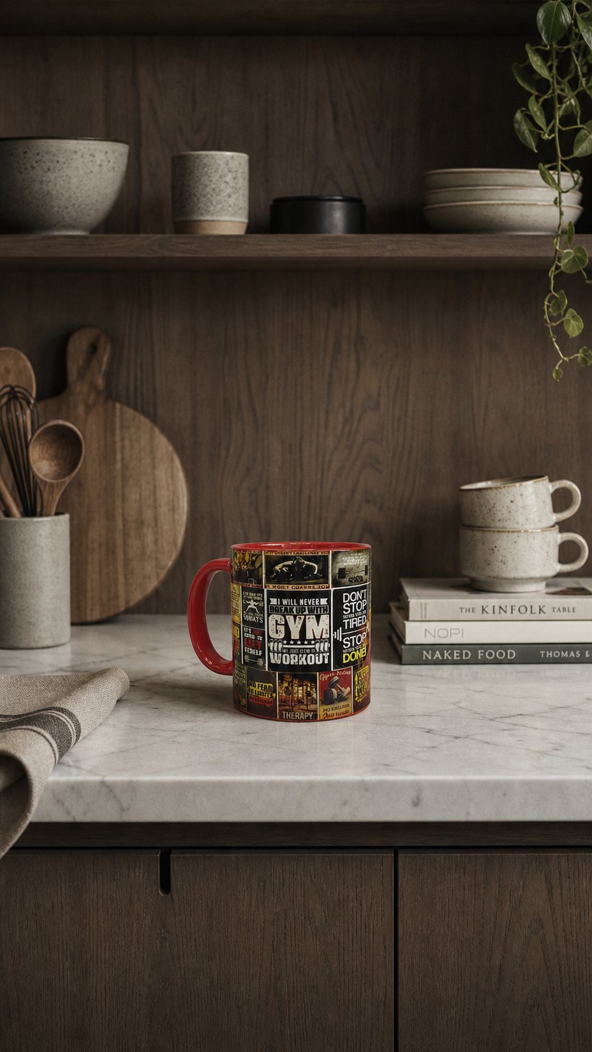 AI product shot of Gym mug with fitness sayings, ceramic mug for athletes, gift for fitness fans, customizable