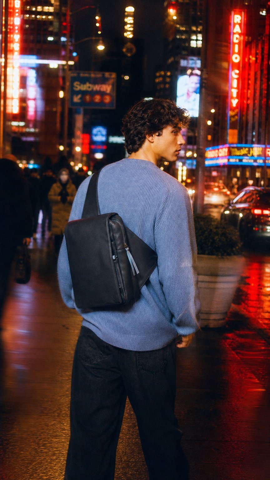 AI product shot of Russell Sling Messenger Bag