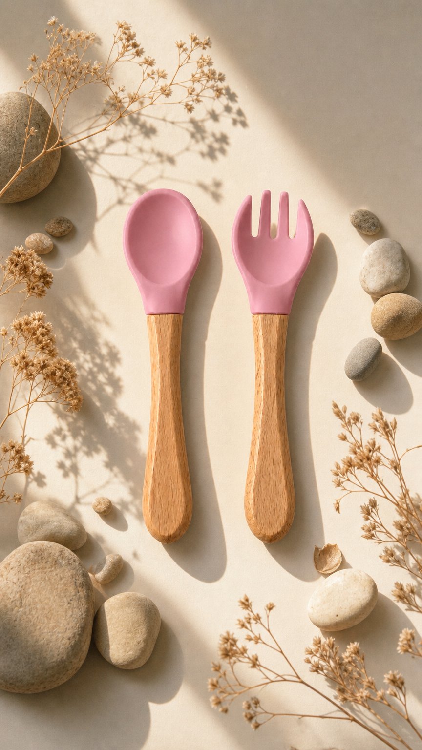 AI product shot of Silicone Spoon & Fork Set for Toddlers