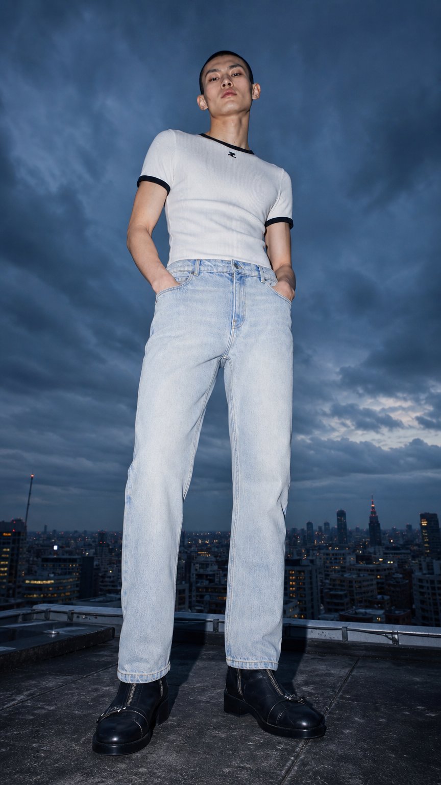 AI product shot of COURREGES - pantalon 5 pocket blue denim