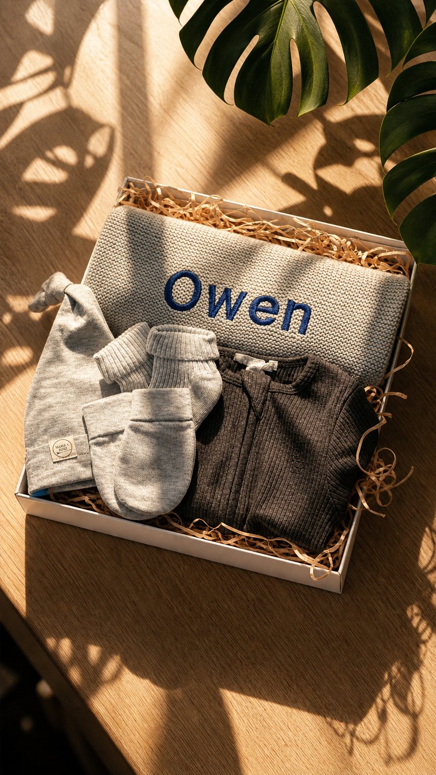 AI product shot of Personalised Welcome Baby Gift Box – Charcoal