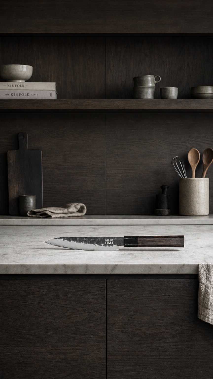 AI product shot of Shinrai Knives - Blackout Edition Damascus Officemes 13 cm