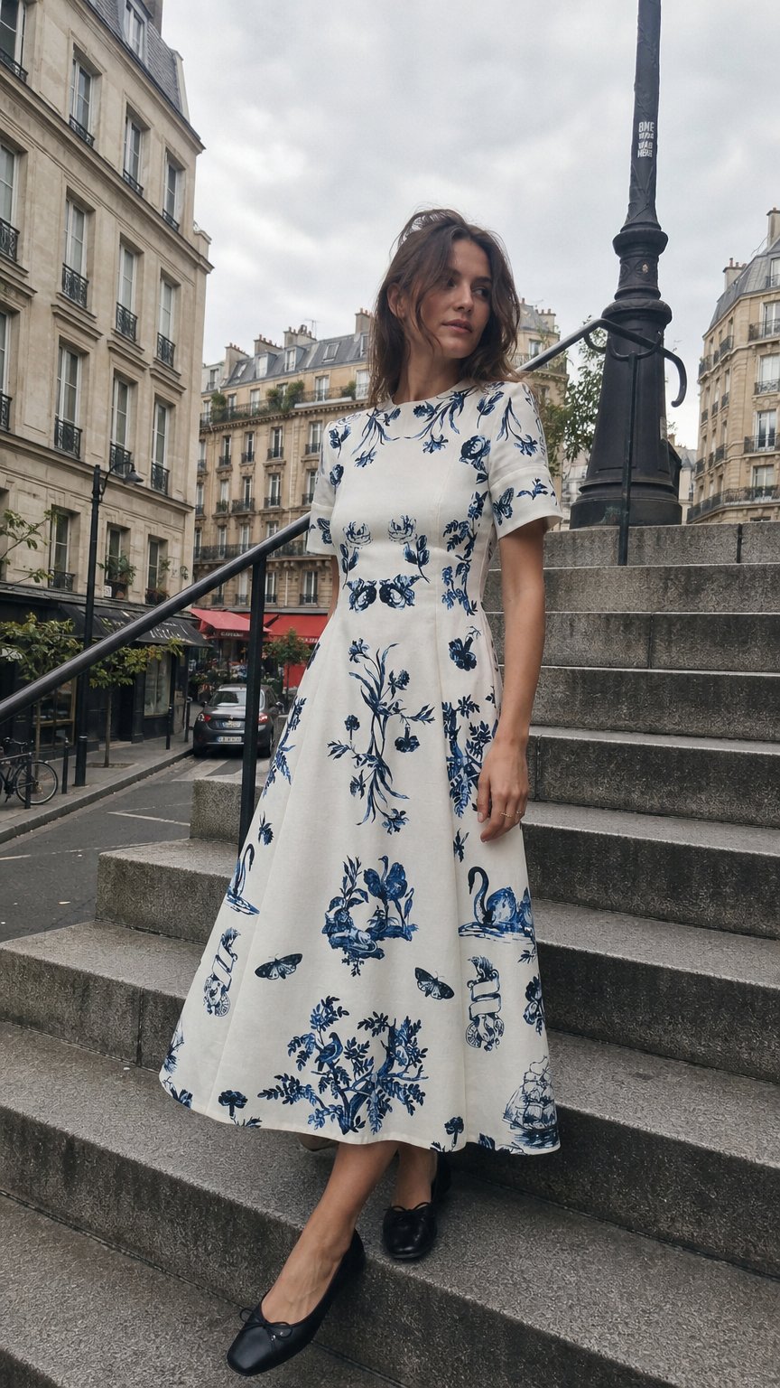 AI product shot of Floral Cotton Faille Short Sleeve Midi Dress