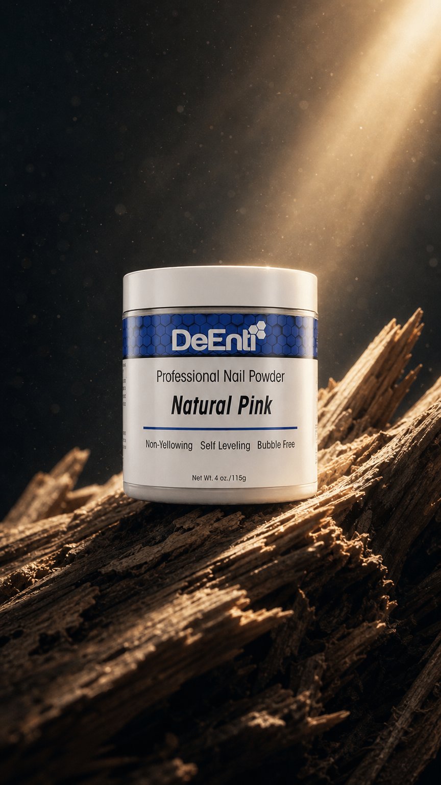 AI product shot of DeEnti Acrylic Nail Powder, Professional Grade Bubble-Free Formula, 4 oz (115g), Long-Lasting Nail Enhancements for Salon Professionals – Natural Pink