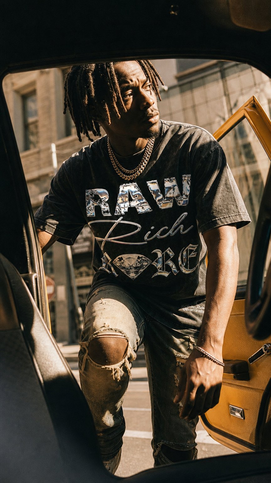 AI product shot of RAW RICH RARE x RISEN RETRO Snow Washed Oversized Cotton T-Shirt