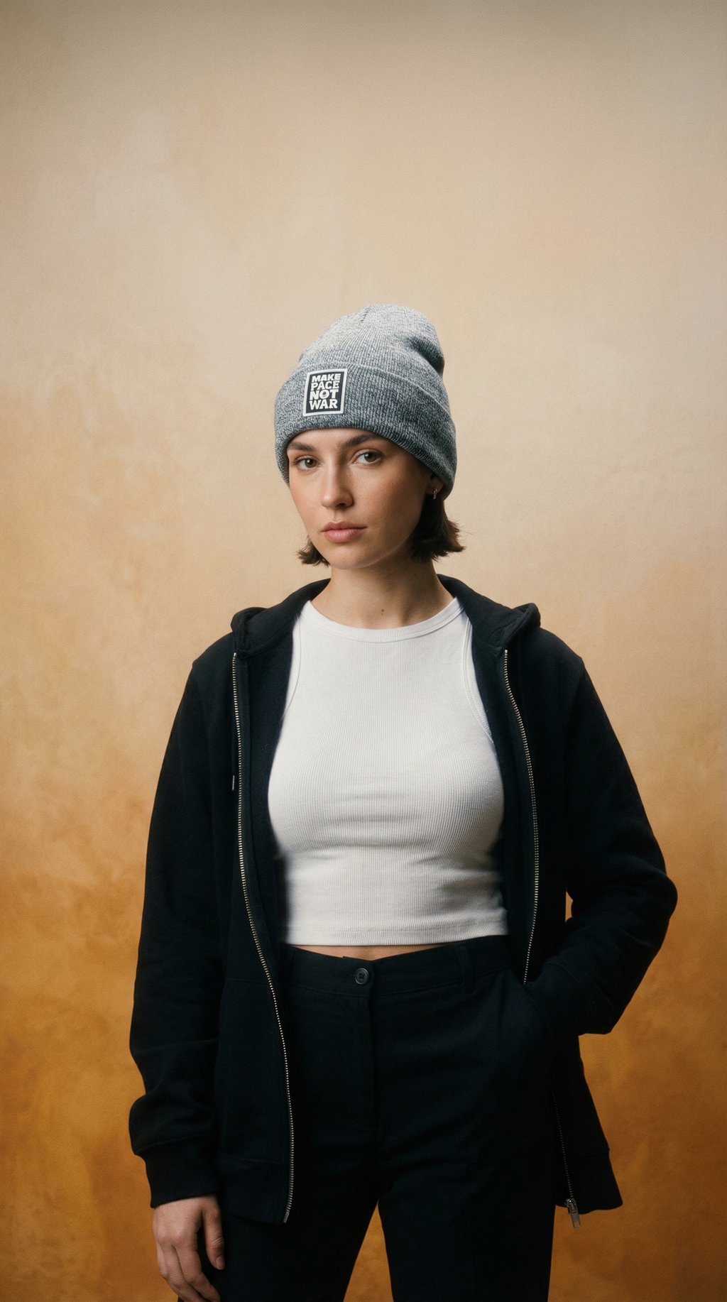 AI product shot of Make Pace Not War Beanie