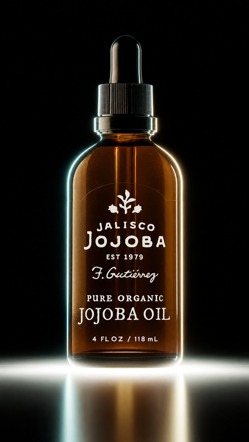 AI product shot of Certified Organic Unrefined Premium Jojoba oil glass bottle