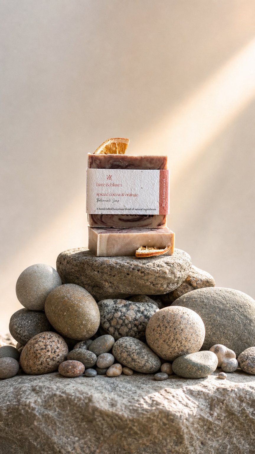 AI product shot of Spiced Cocoa & Orange Soap Handmade Botanical Soap Bar