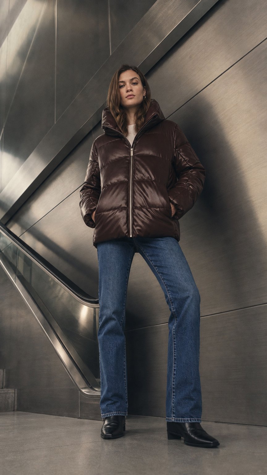 AI product shot of QUILTED PUFFER WITH DRAMA COLLAR
