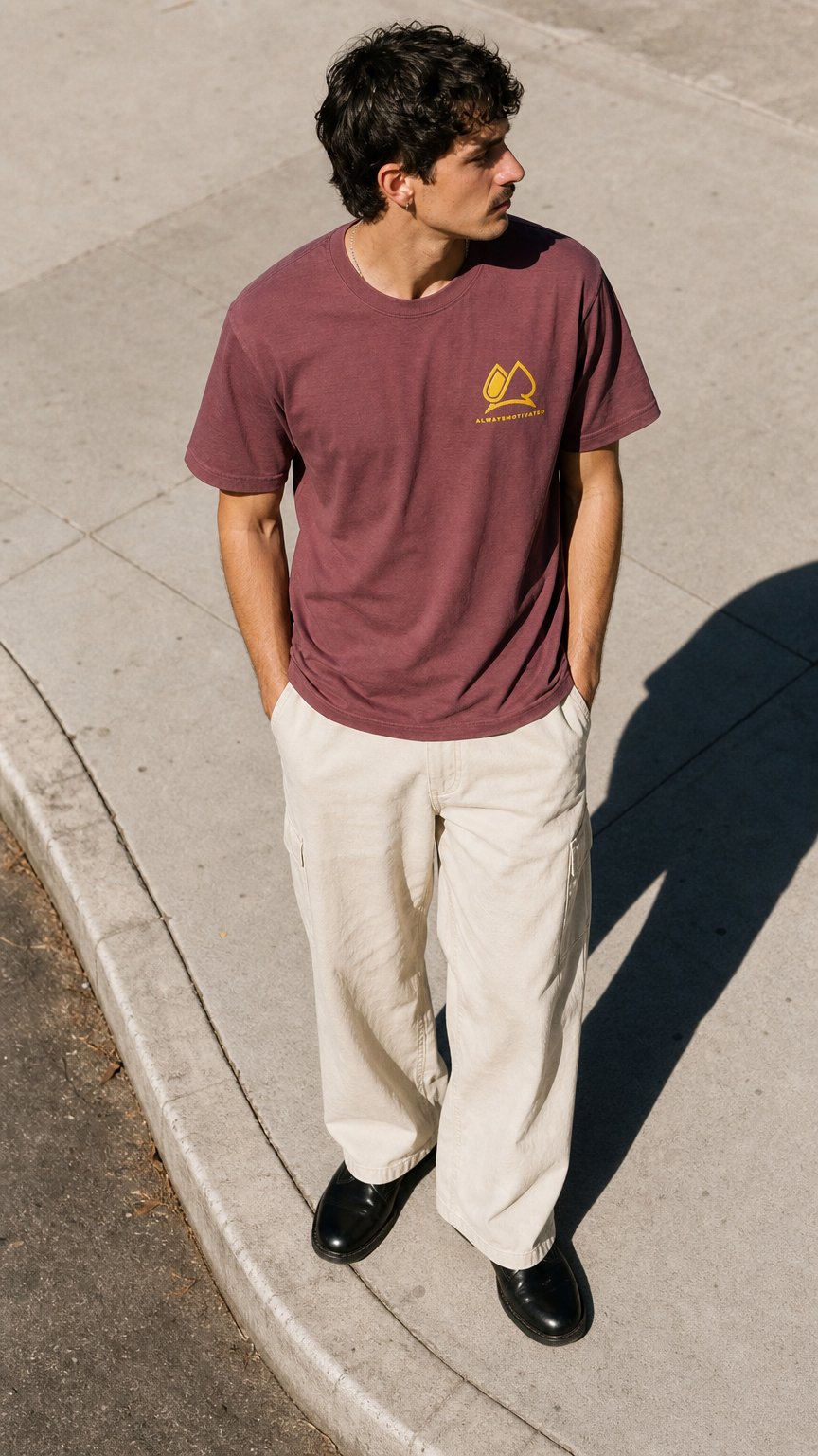 AI product shot of Always Motivated oversized t-shirt (Washed Maroon/Gold)