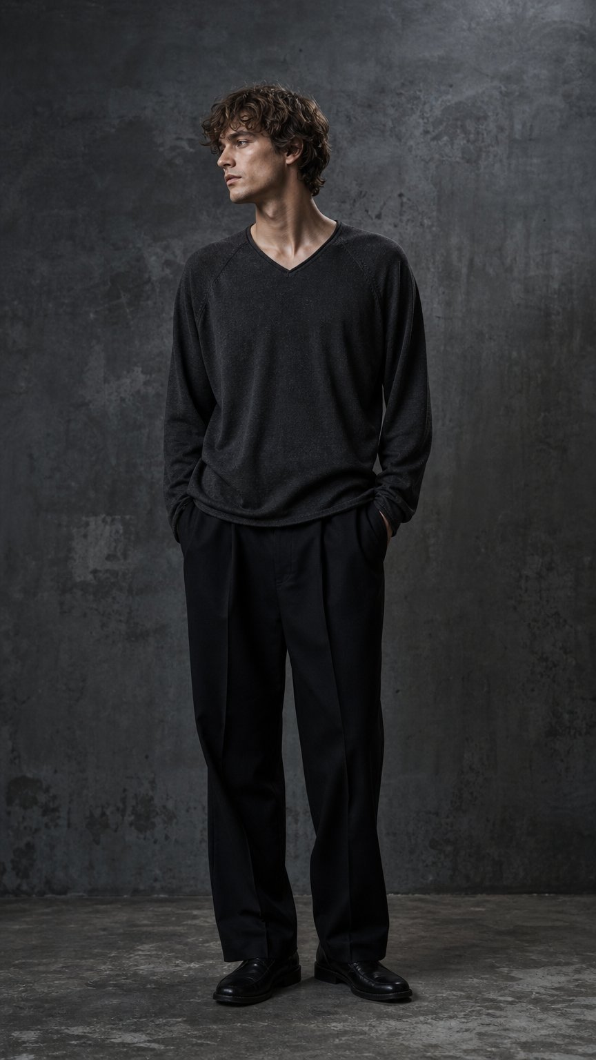 AI product shot of 쿨 린넨 블렌드 브이 롤 넥 니트 (다크 그레이)