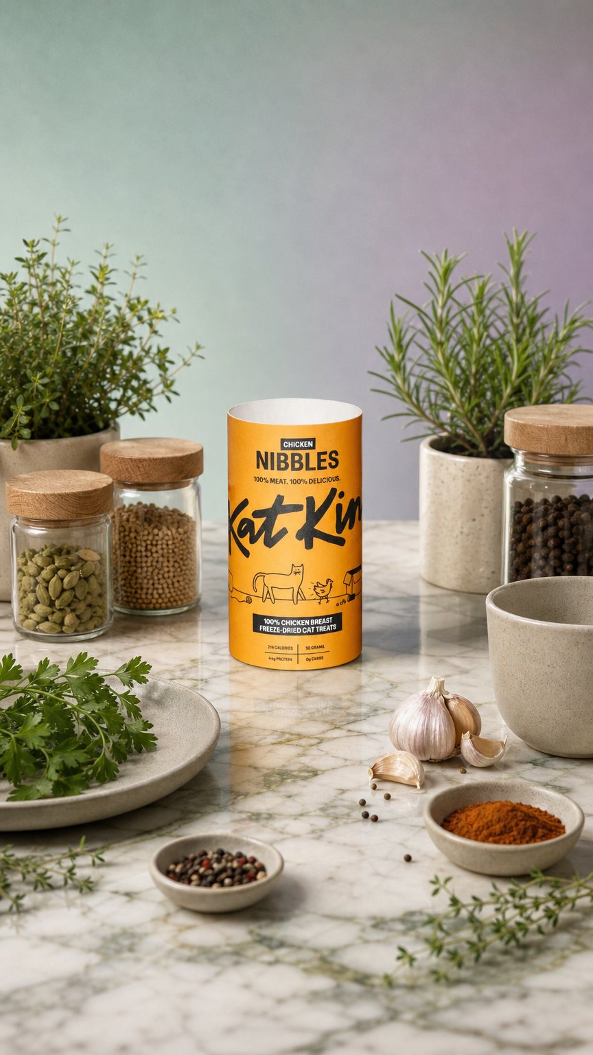 AI product shot of CHICKEN NIBBLES: healthy, tasty cat treats
