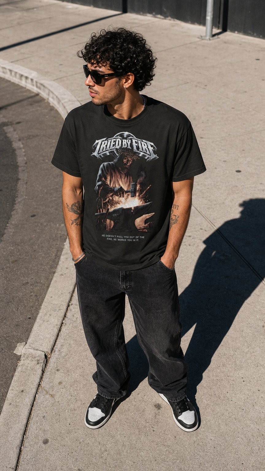 AI product shot of Tried by Fire Tee
