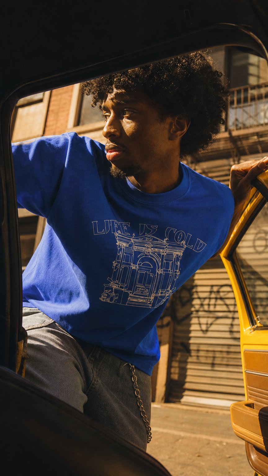 AI product shot of Life Is Cold Cerulean Tee