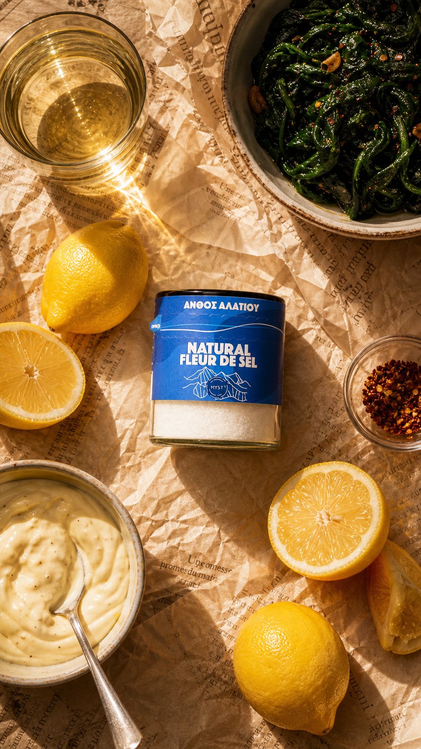 AI product shot of Premium Fleur De Sel Greek Sea Salt Blossom 200g