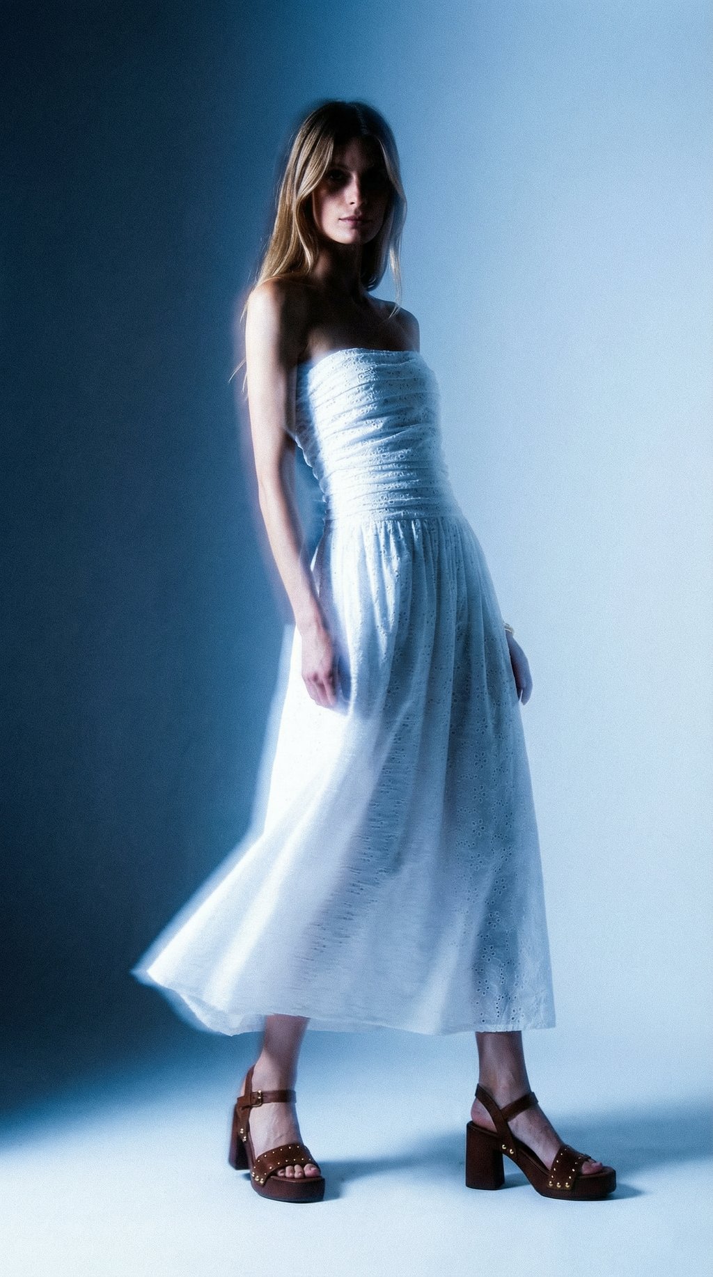 AI product shot of White Broderie Anglaise Bandeau Felicity Midi Dress