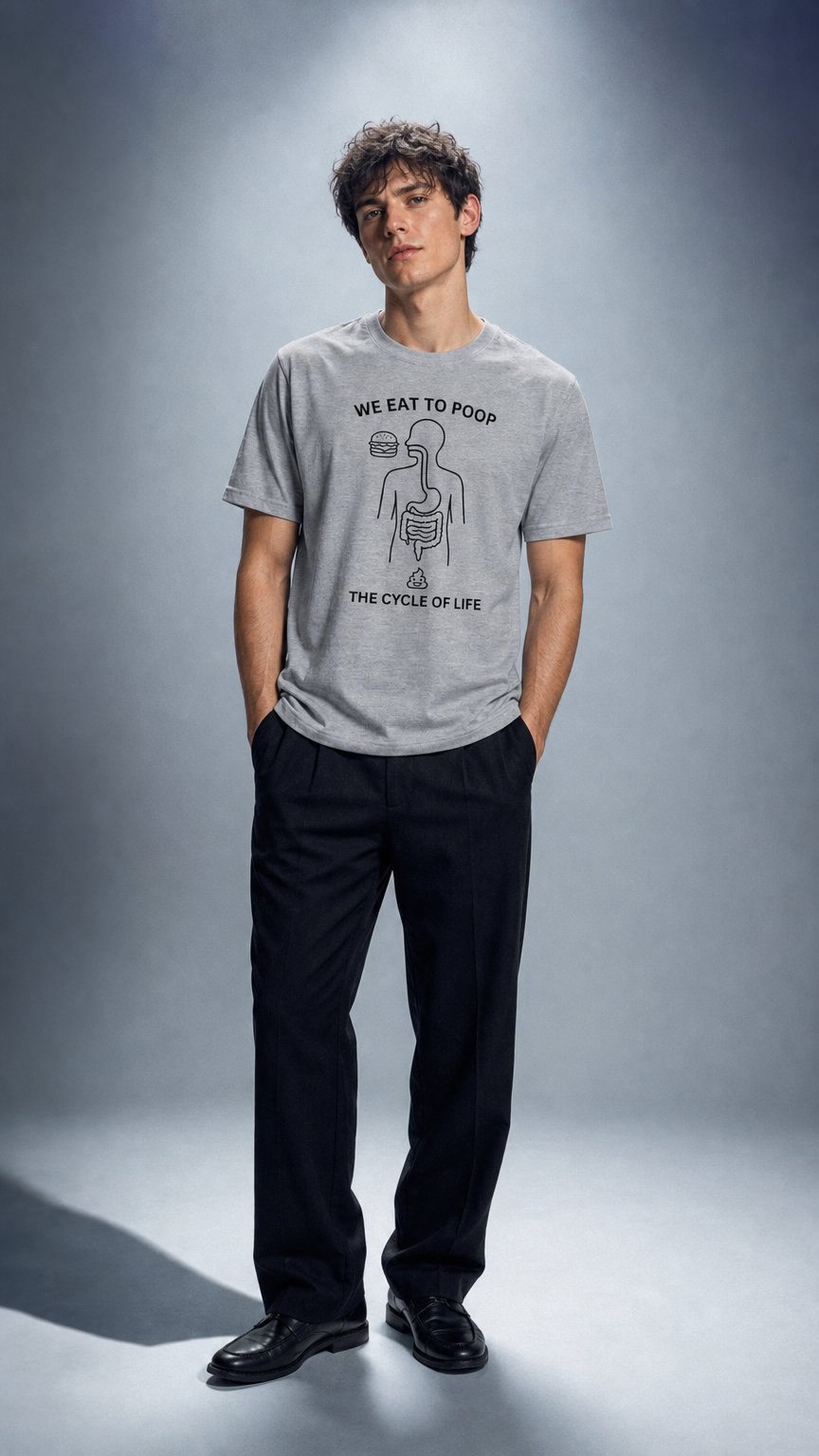 AI product shot of We Eat to Poop Funny Graphic T-Shirt | The Turd Club