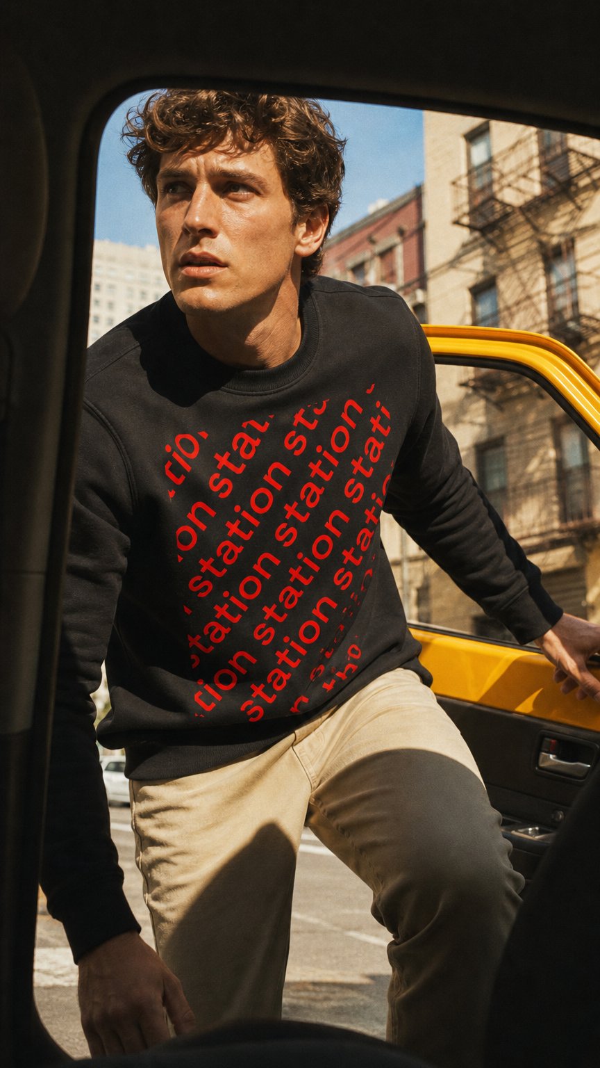 AI product shot of STATION logo one crewneck sweatshirt