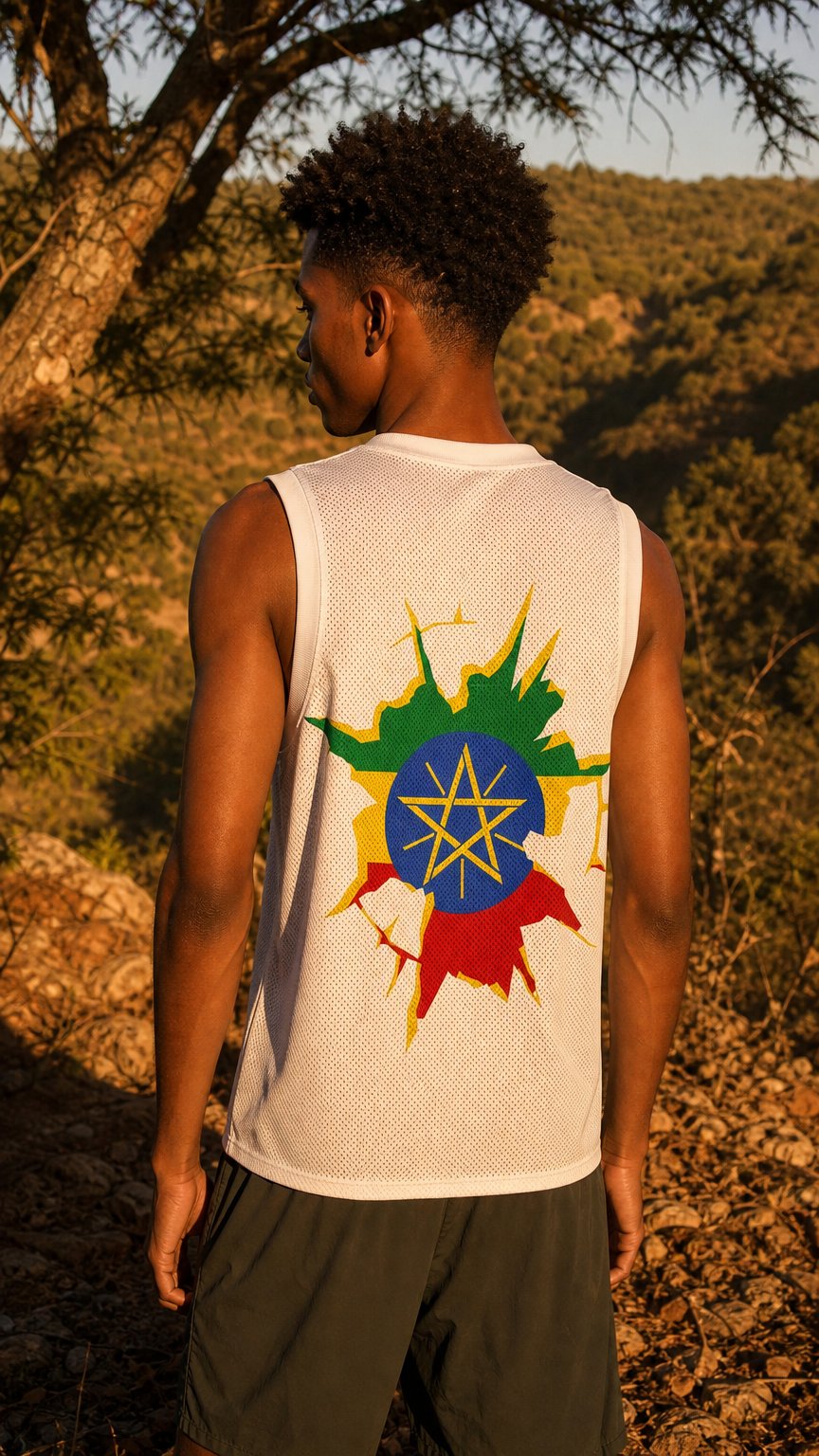 AI product shot of Ethiopia Flag (White) Premium Sport Jersey Tank Top