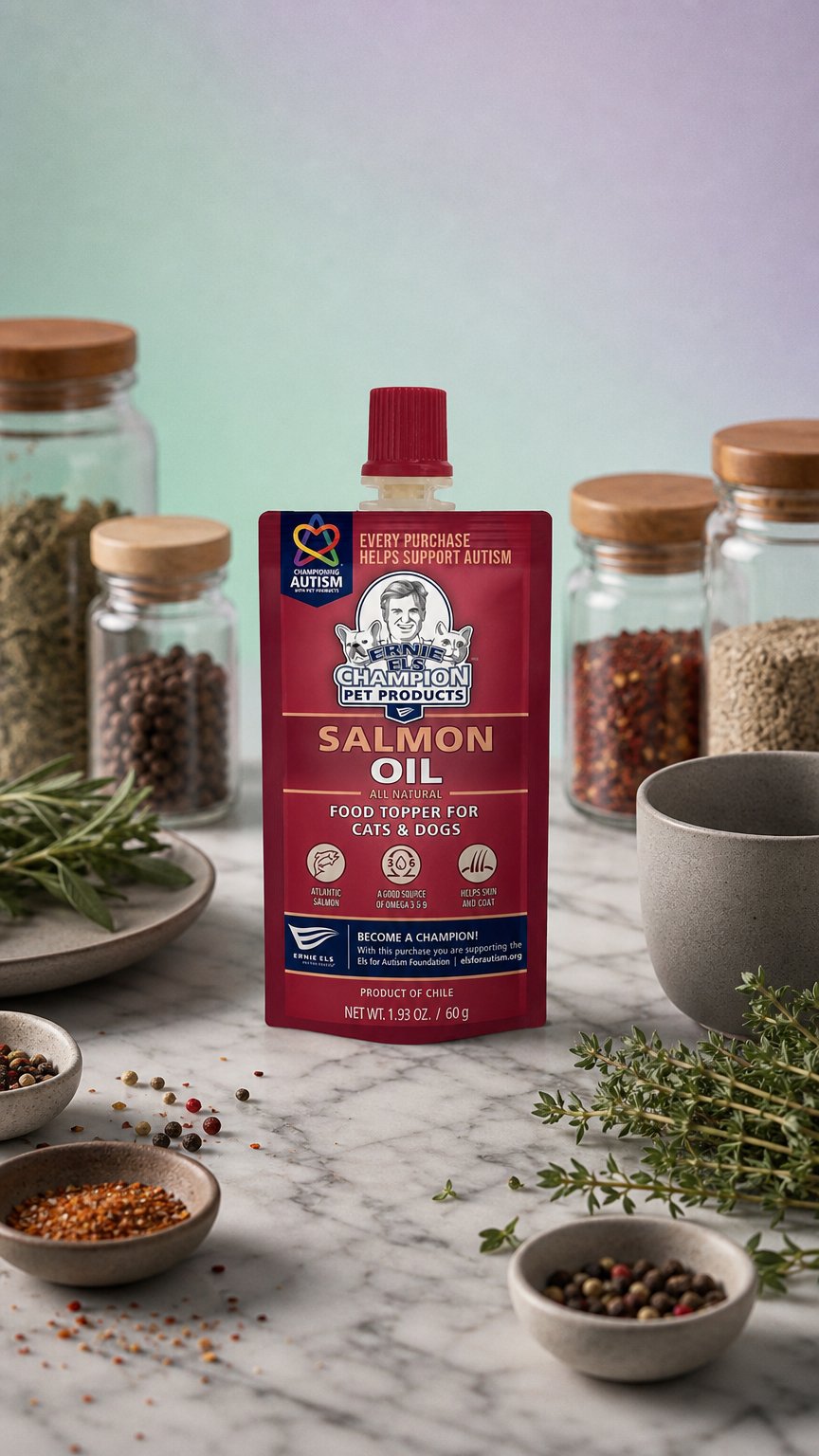 AI product shot of Ernie Els Pet Products Salmon Oil Dog & Cat Food
