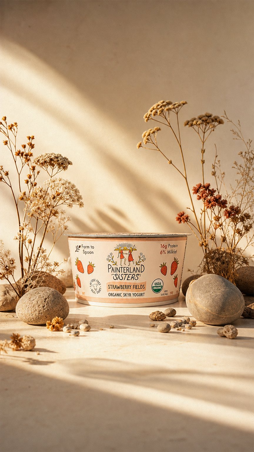 AI product shot of Painterland Sisters, Yogurt Icelandic Style SKYR Strawberry Organic, 5.3 Ounce