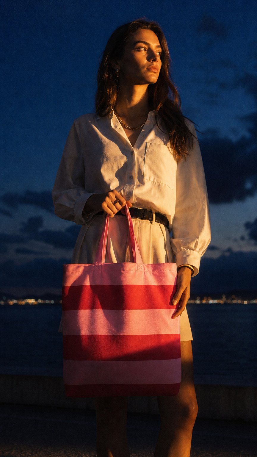AI product shot of 10x katoenen strandtas Pink Stripes