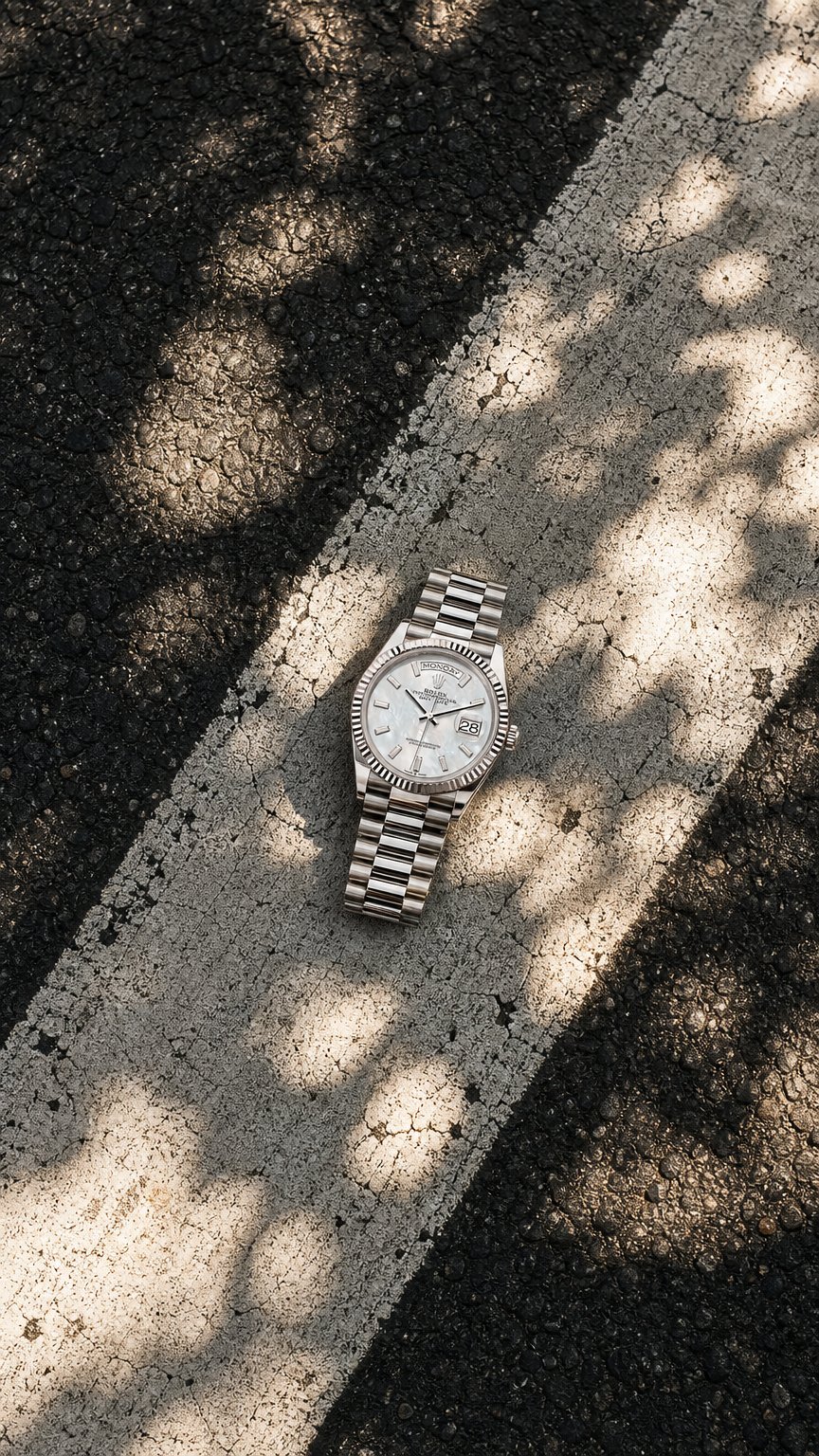 AI product shot of Rolex 128239-0065 - Day-Date 36 White Gold - Fluted / MOP - Baguette / President