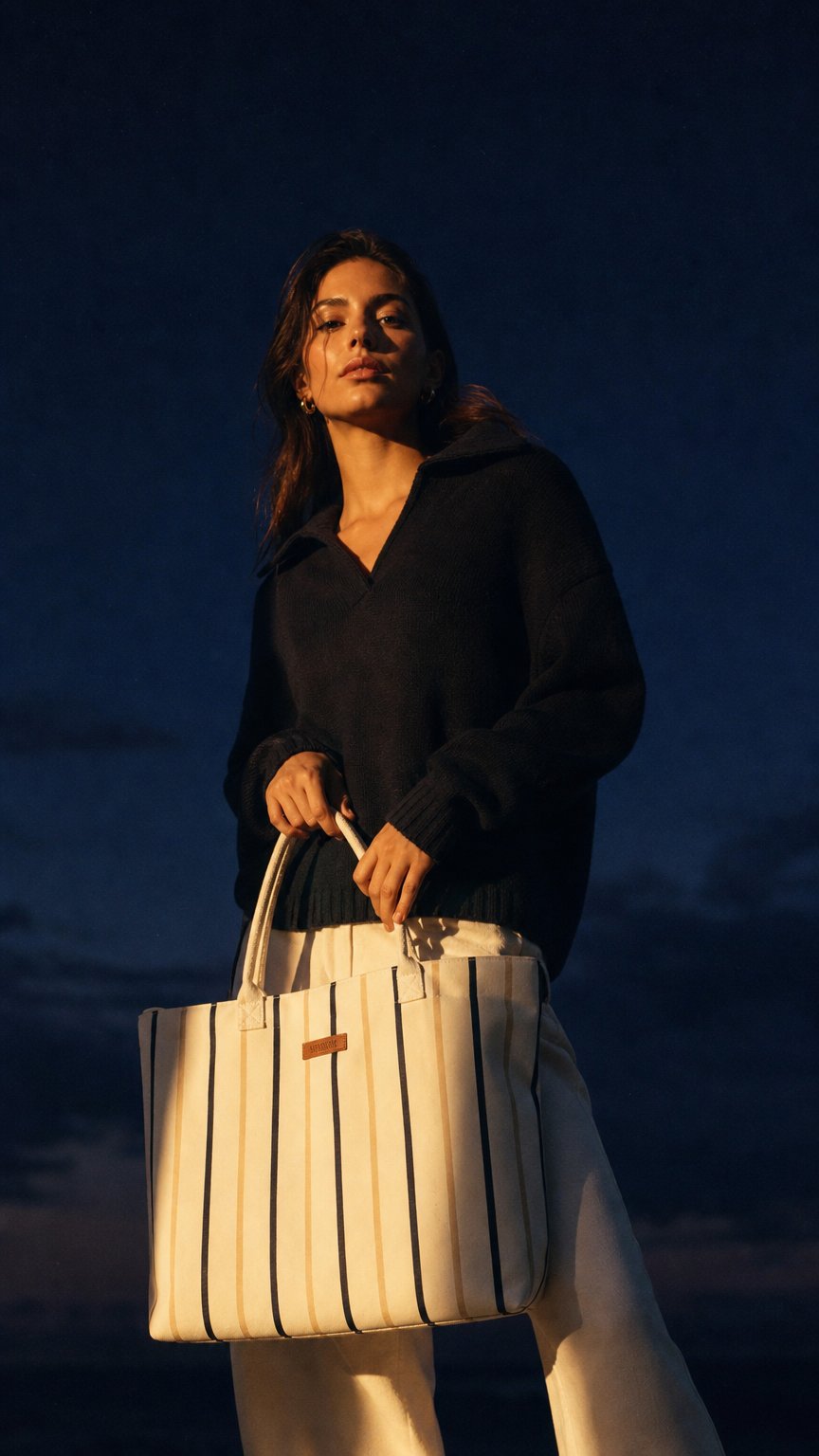 AI product shot of Sand Cloud Vert Stripe Beach Tote