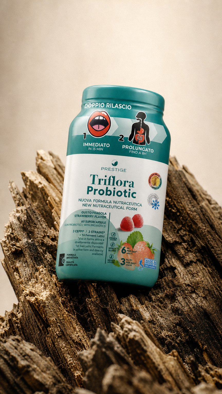 AI product shot of Supergelèe Prestige Triflora Probiotic - Equilibrio Intestinale Avanzato con Tecnologia a Doppio Rilascio