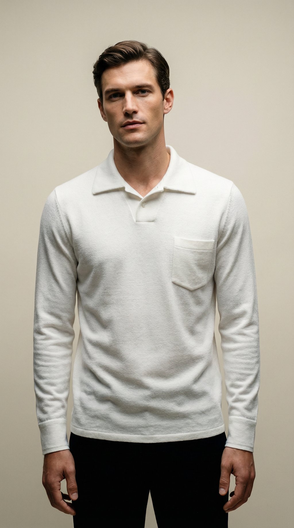 AI product shot of White Terry Towelling Longsleeve Polo