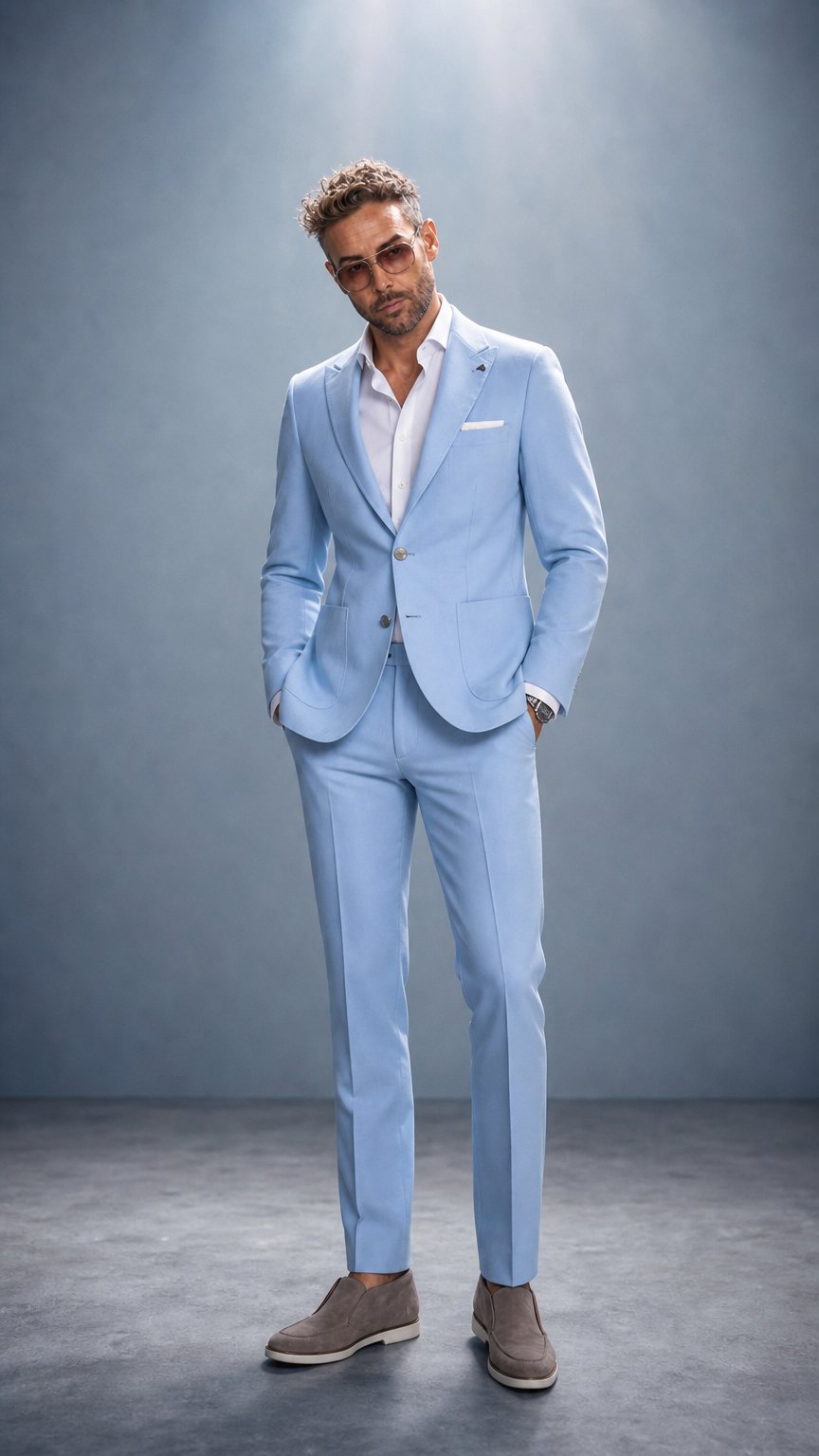 AI product shot of Henk ter Horst slim fit mix & match herenkostuum tricot Lichtblauw