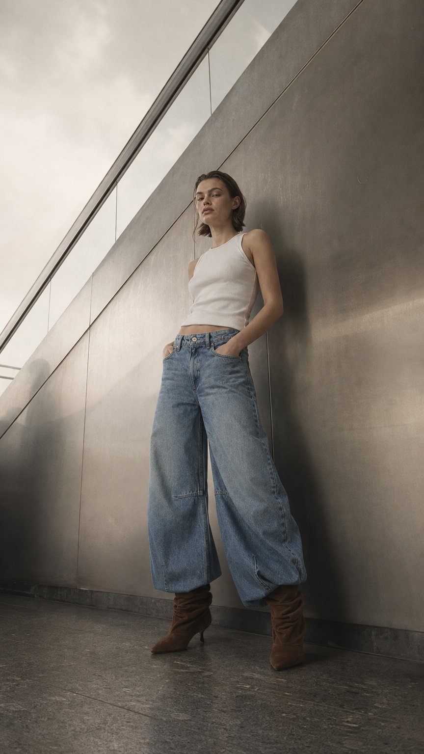 AI product shot of Jimi - Mid Waist Barrel Jeans With Darts