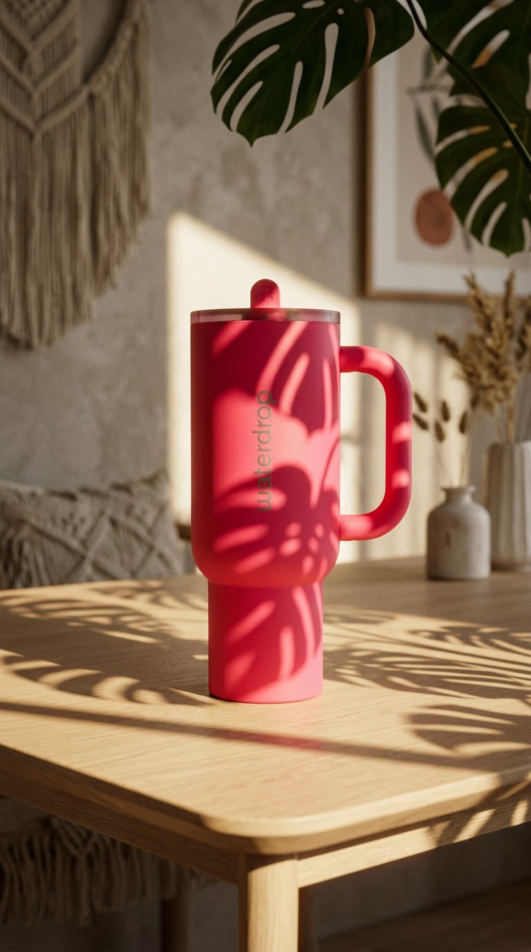 AI product shot of Neon Pink Explorer Thermo Tumbler