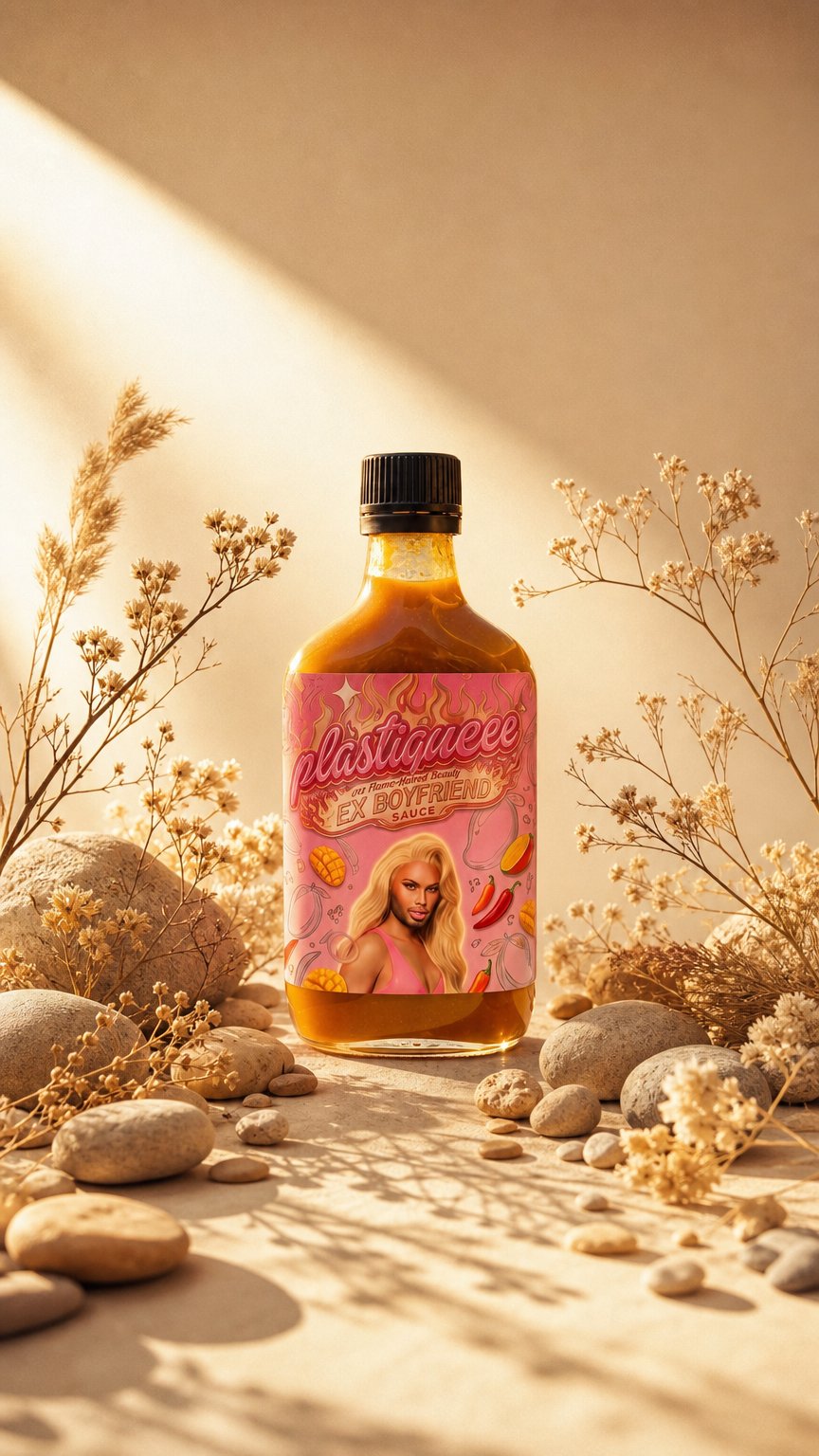 AI product shot of HOTTER THAN YOUR EX BOYFRIEND HOT SAUCE 🥭 🌶️