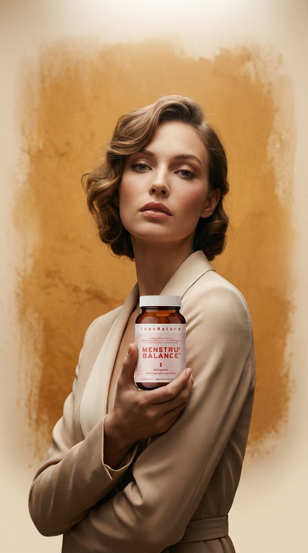 AI product shot of Menstru® Balance Kapseln: Mönchspfeffer, Frauenmantel, L-Tryptophan, Löwenzahn und Vitamin B6