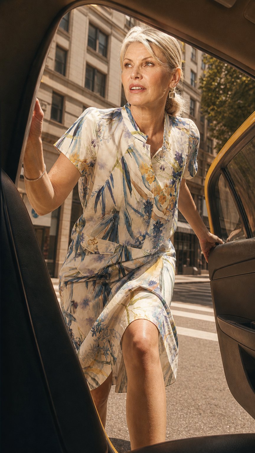 AI product shot of White/Blue Floral Meadow Print Linen Dress with Front Pockets