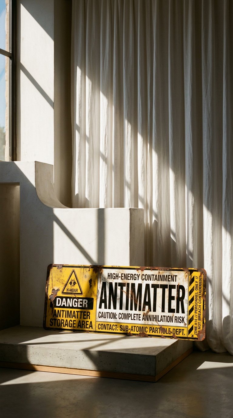 AI product shot of Antimatter Storage Area Danger High-Energy Containment Metal Sign