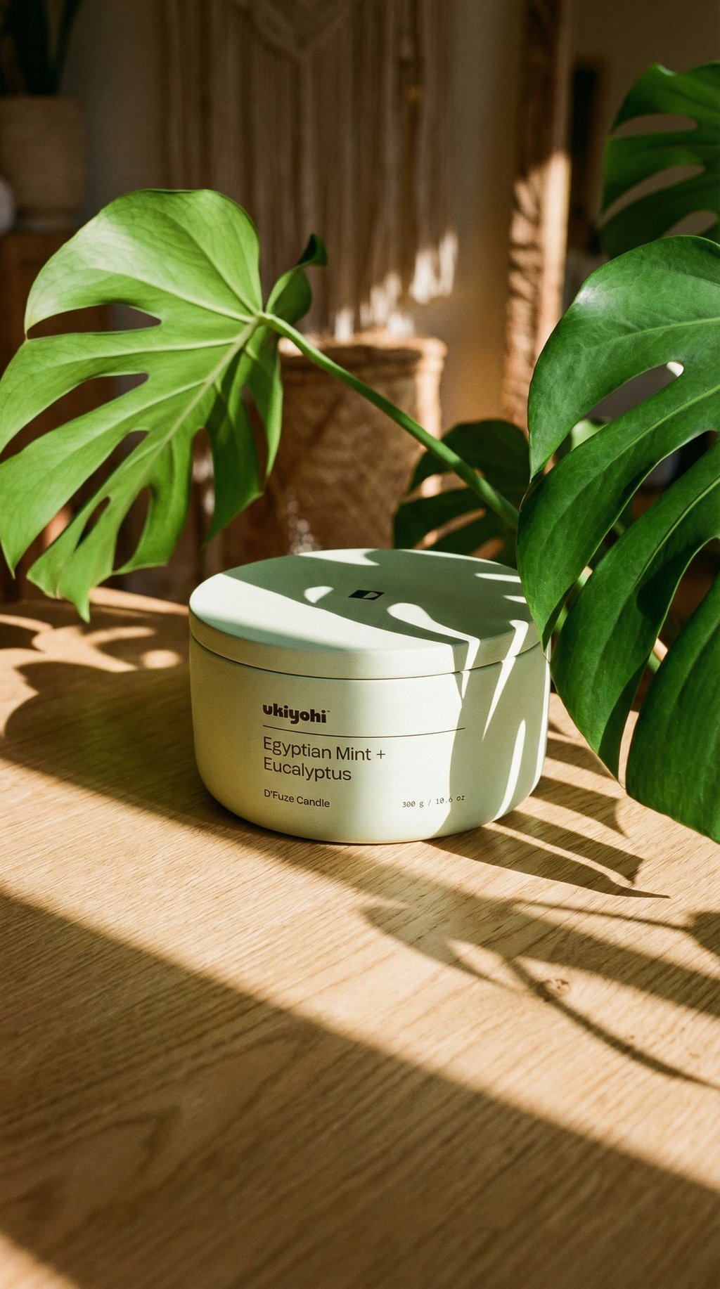 AI product shot of "D'Fuze" Candle - Egyptian Mint + Eucalyptus - Three Wick