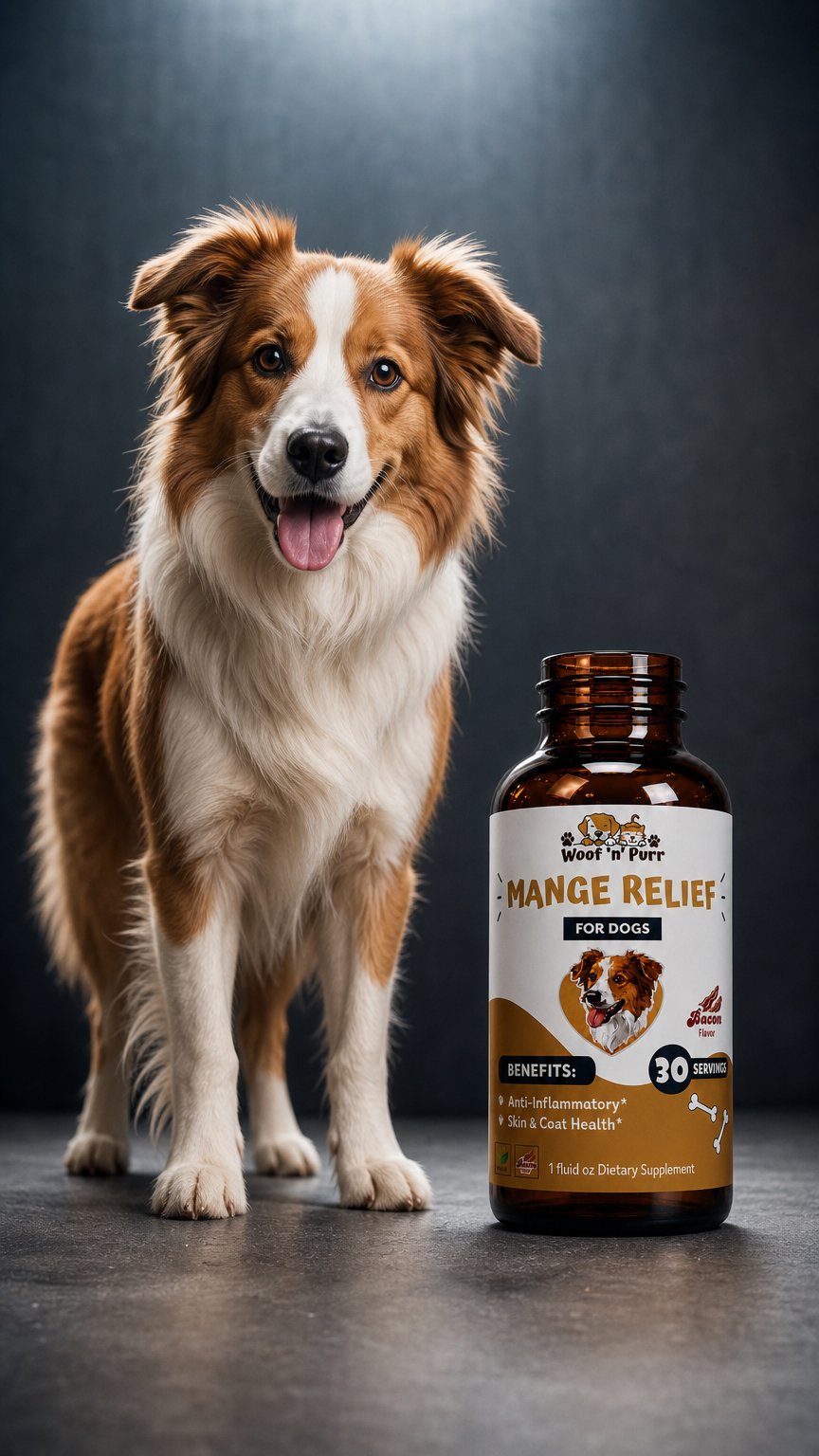 AI product shot of Mange Relief for Dogs – Skin & Coat Support | 30 Servings