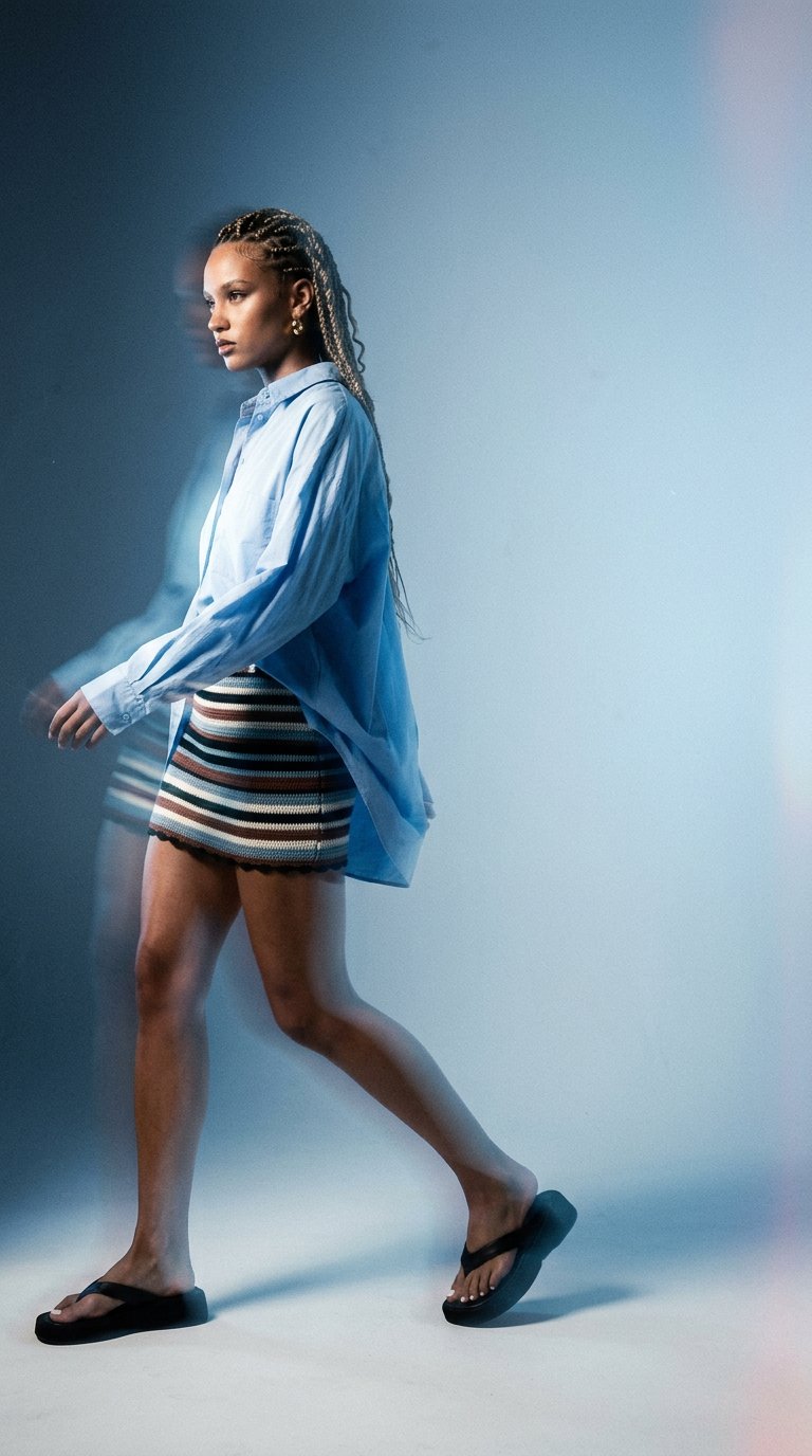 AI product shot of BILLIE SKIRT - Blue/Brown Stripe