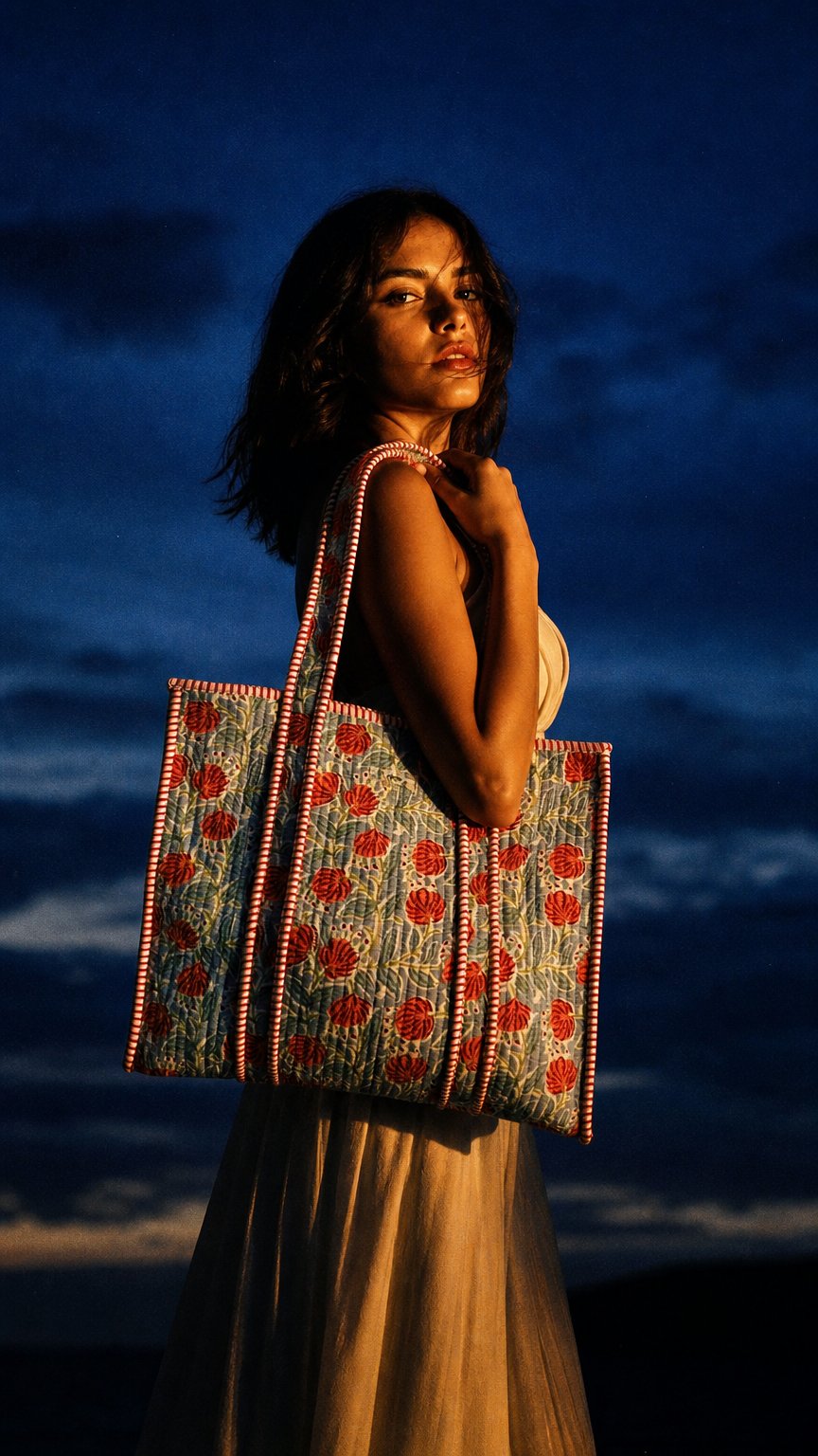 AI product shot of The Hawthorn Floral Quilted Tote