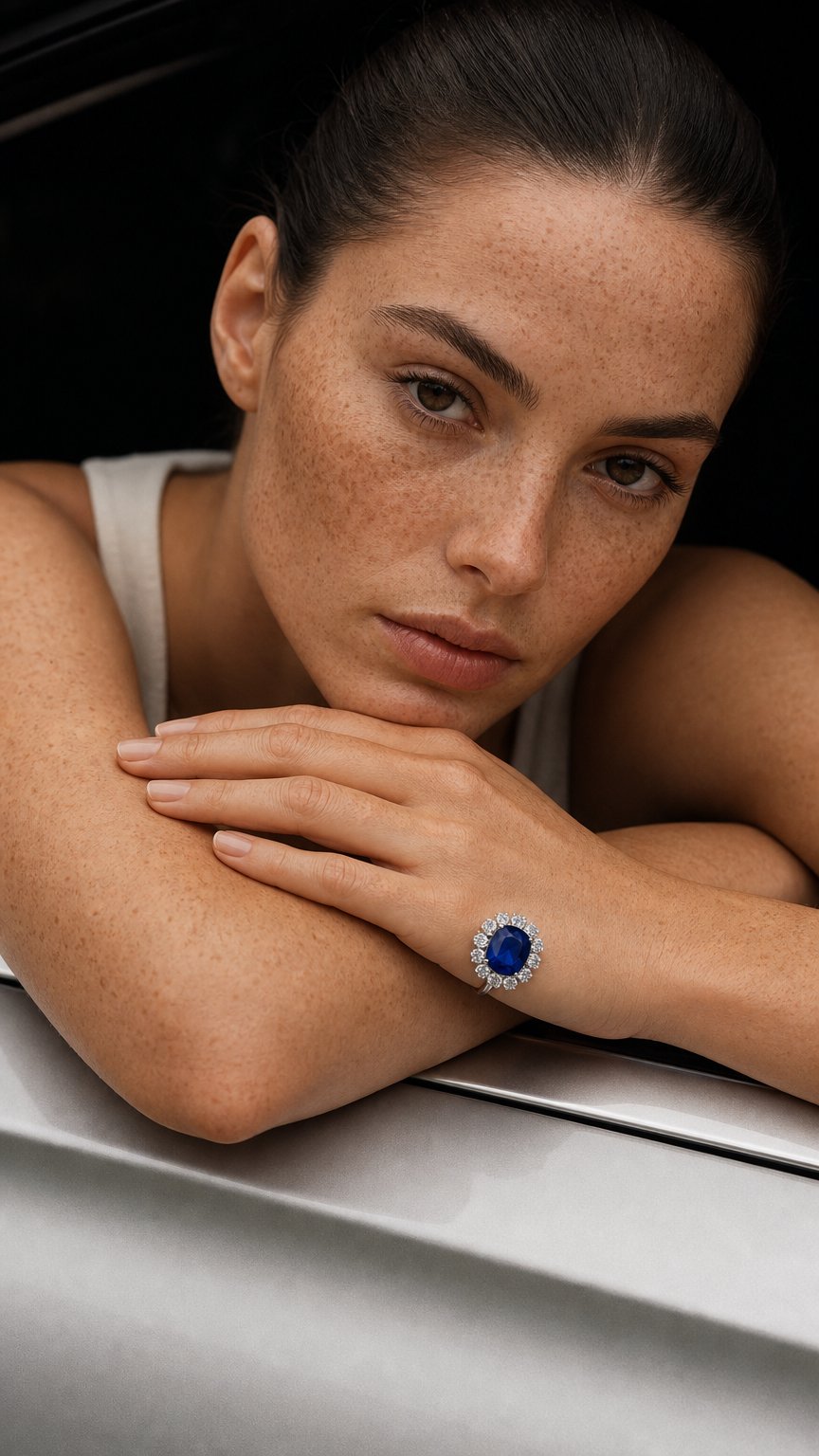 AI product shot of 18kt White Gold Ceylon Sapphire & Diamond Ring