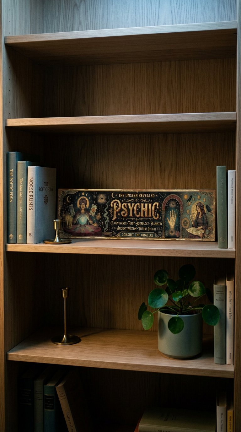 AI product shot of Psychic Fortune Teller Vintage Wooden Sign — Clairvoyance Tarot Astrology Palmistry